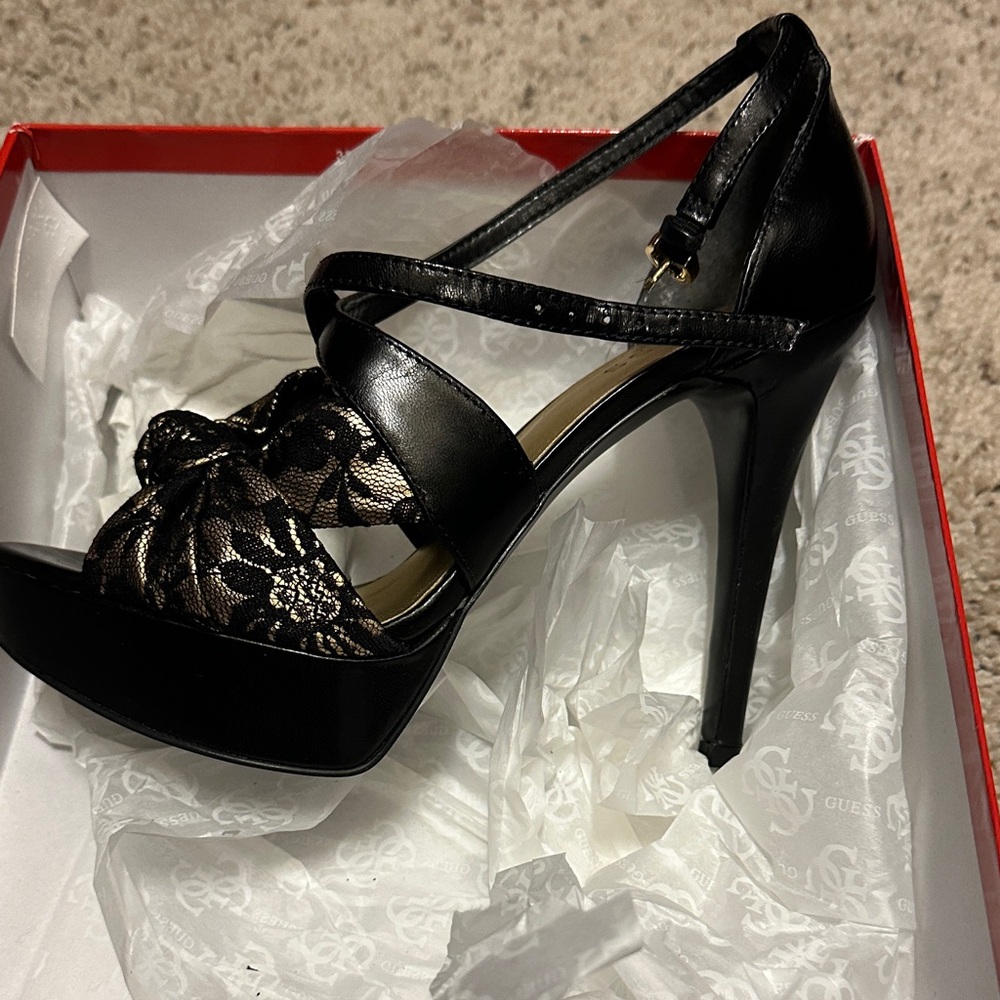 Guess Black and Gold Lace Heels